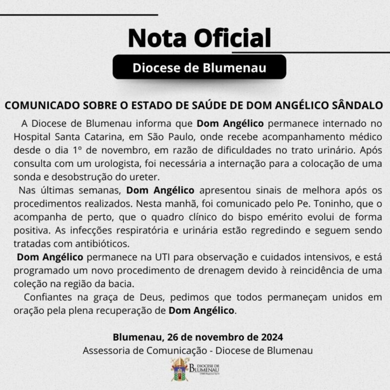 NOTA OFICIAL: Comunicado sobre o estado de saúde de Dom Angélico