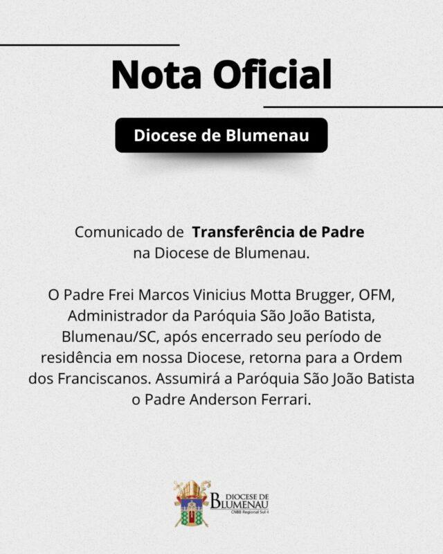 Comunicado de Transferência da Diocese de Blumenau